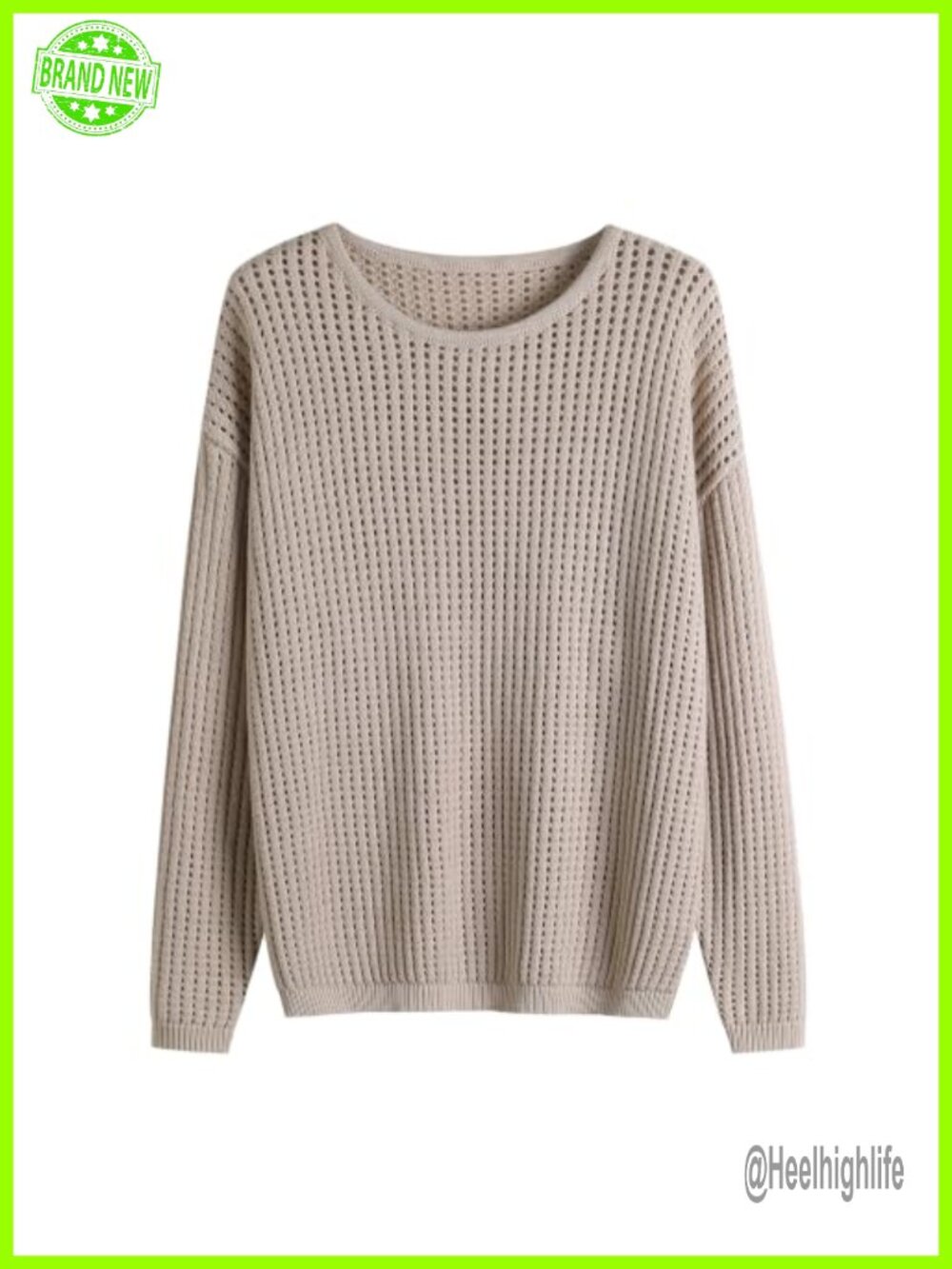 Oversized Openwork Knit Pullover Sweater Long Sleeve Crewneck